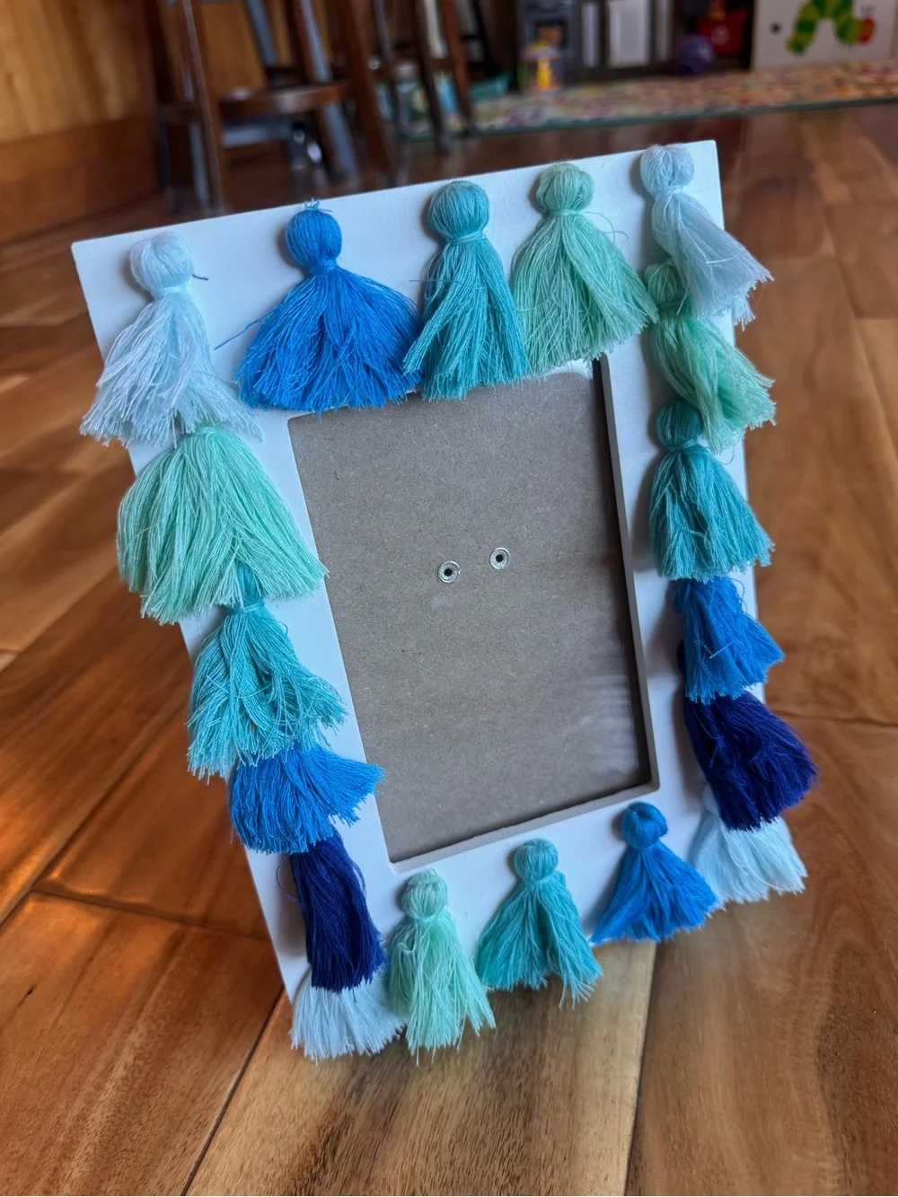 Pier 1 White Picture Frame with Blue and Teal Tassels